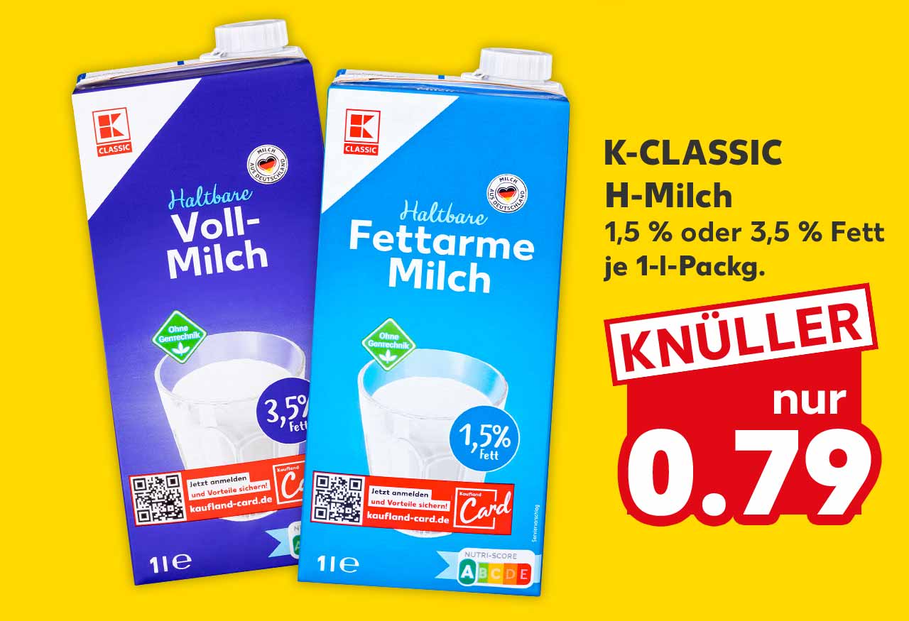 K-Classic H-Milch 1,5 % oder 3,5 % Fett, je 1-l-Packg. für 0.79 Euro
