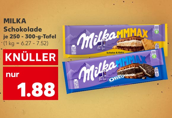 Milka Schokolade, versch. Sorten, je 250 - 300-g-Tafel für 1.88 Euro (1 kg = 6.27 - 7.52)