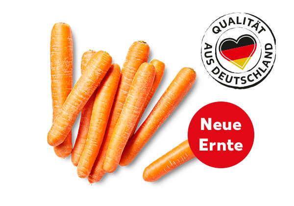 Dtsch. Möhren; Störer: Neue Ernte; Logo: Qualität aus Deutschland