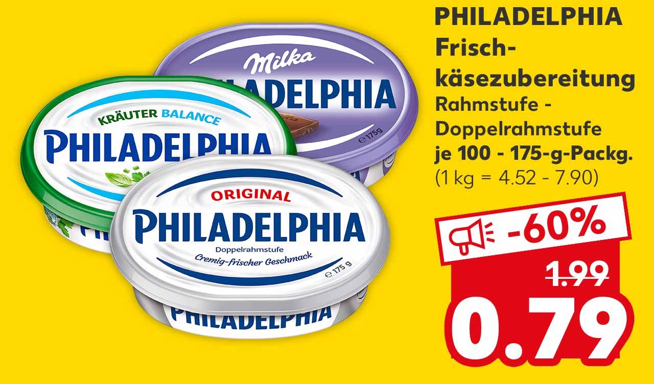 Philadelphia Frischkäsezubereitung, versch. Sorten, Rahmstufe - Doppelrahmstufe, je 100 - 175-g-Packg. für 0.79 Euro (1 kg = 4.52 - 7.90)