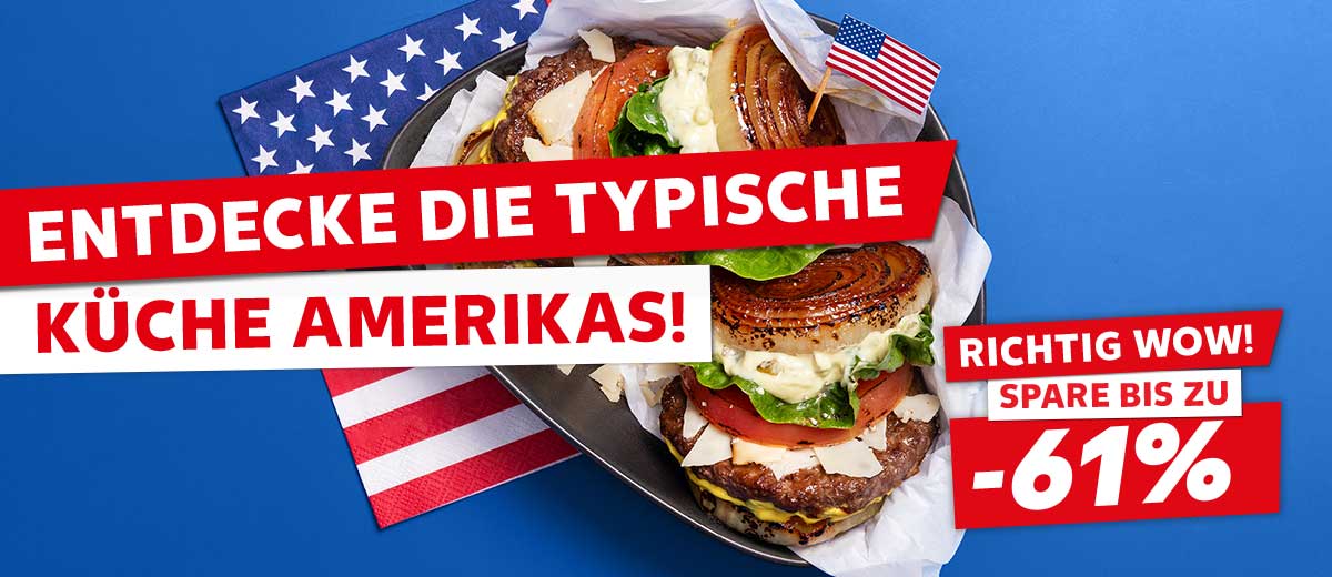 Schriftzug: Entdecke die typische Küche Amerikas!; Abbildung: Rezept Flying Dutchman; Störer: Richtig wow! Spare bis zu -61%