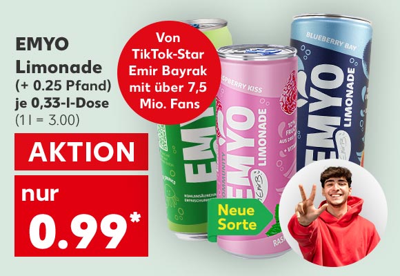 Emyo Limonade, versch. Sorten, (+ 0.25 Pfand), je 0,33-l-Dose für 0.99 Euro* (1 l = 3.00); Störer: Von TikTok-Star Emir Bayrak mit über 7,5 Mio. Fans; Abbildung: Emir Bayrak; Störer an Sorte Raspberry Kiss: Neue Sorte