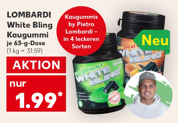 Lombardi White Bling Kaugummi, versch. Sorten, je 63-g-Dose für 1.99 Euro* (1 kg = 31.59); Abbildung: Pietro Lombardi; Störer: Kaugummis by Pietro Lombardi – in 4 leckeren Sorten; Störer: Neu