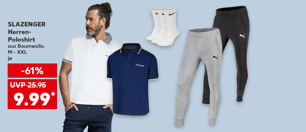 Slazenger Herren-Poloshirt, aus Baumwolle, je für 9.99 Euro* (UVP = 25.95 Euro); Nike Socken, Puma Herren-Sweathose
