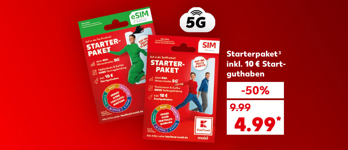 Starterpaket³ inkl. 10 € Startguthaben für 4.99 Euro*; Abbildung: Kaufland mobil Starterpaket und Kaufland mobil Starterpaket 5G; Logo: 5G