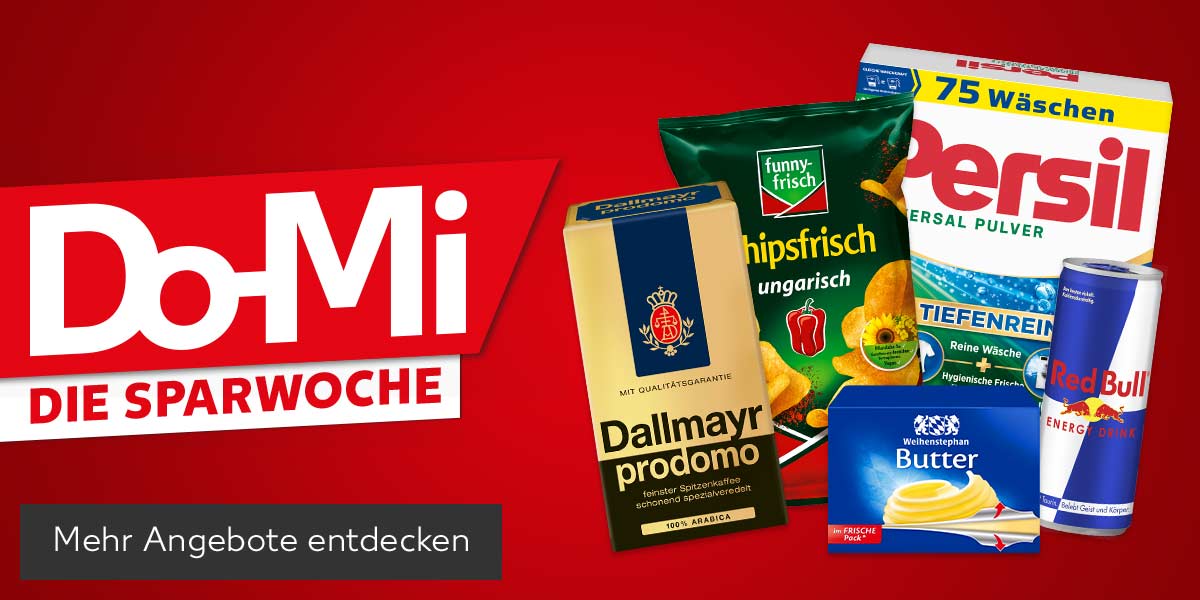 Schriftzug: Do-Mi, Die Sparwoche; Produktabbildungen: Funny-Frisch Chipsfrisch oder Ofenchips, Persil Voll- oder Colorwaschmittel, Dallmayr Prodomo, Red Bull Energy Drink, Weihenstephan Butter oder Die Streichzarte; Button: Mehr Angebote entdecken