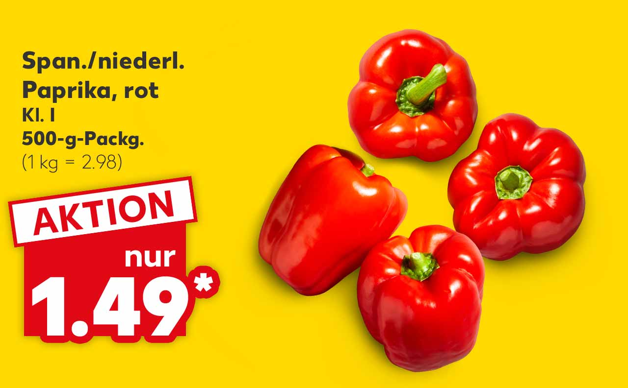 Span./niederl. Paprika, rot, Kl. I, 500-g-Packg. für 1.49 Euro* (1 kg = 2.98)