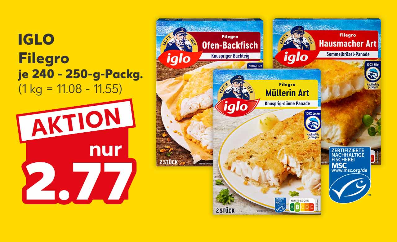 Iglo Filegro, versch. Sorten, je 240 - 250-g-Packg. für 2.77 Euro (1 kg = 11.08 - 11.55); Logo: Msc-zertifizierte nachhaltige Fischerei