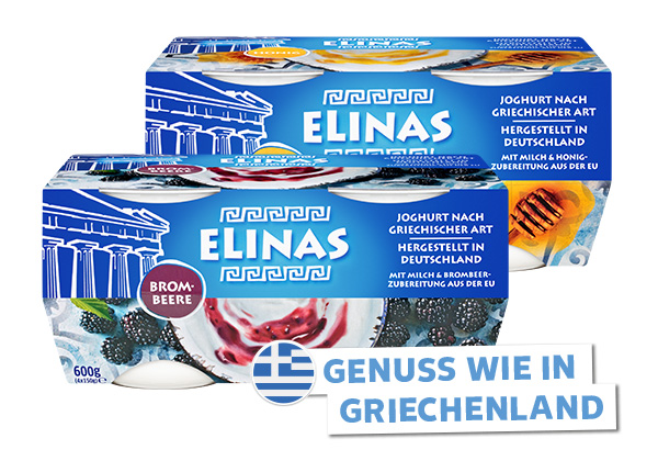 Elinas Joghurt nach griech. Art, versch. Sorten; Flagge: Griechenland; Schriftzug: Genuss wie in Griechenland