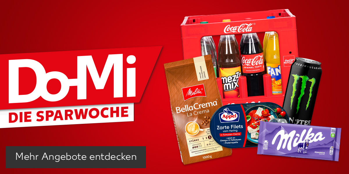 Schriftzug: Do-Mi, Die Sparwoche; Produktabbildungen: Coca-Cola, Fanta, Sprite oder Mezzo Mix; Milka Schokolade, Appel Zarte Heringsfilets, Monster Energy Drink, Melitta BellaCrema; Button: Mehr Angebote entdecken