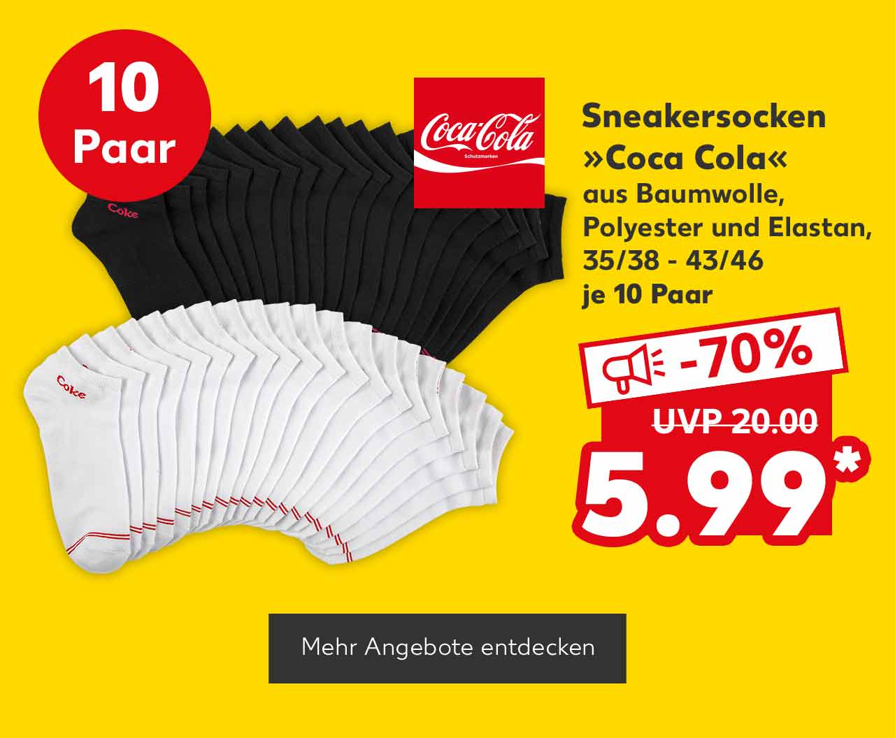 Logo: Coca-Cola; Sneakersocken »Coca Cola«, aus Baumwolle, Polyester und Elastan, 35/38 - 43/46, je 10 Paar für 5.99 Euro* (UVP = 20.00 Euro); Störer: 10 Paar; Button: Mehr Angebote entdecken