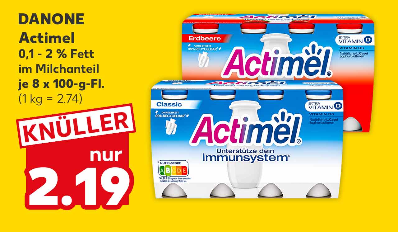 Danone Actimel, versch. Sorten, 0,1 - 2 % Fett im Milchanteil, je 8 x 100-g-Fl. für 2.19 Euro (1 kg = 2.74)