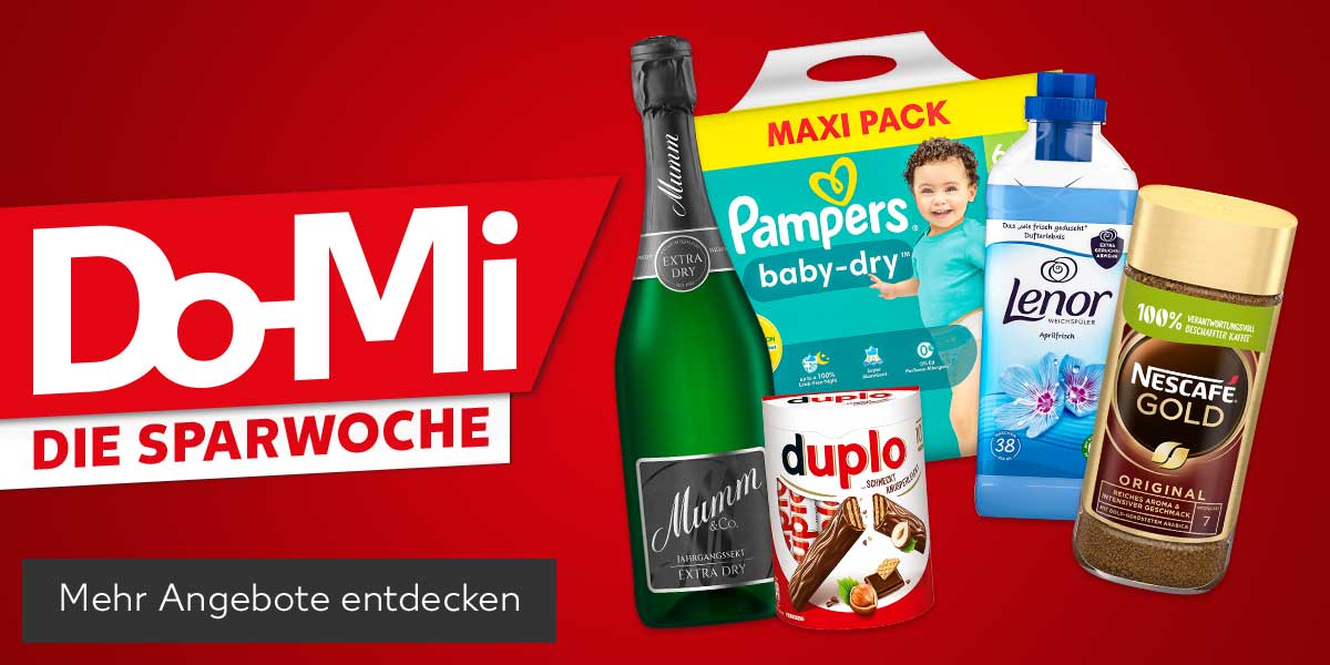 Schriftzug: Do-Mi, Die Sparwoche; Produktabbildungen: Pampers Maxi-Pack, Nescafé Gold, Mumm Jahrgangssekt, Duplo Waffel-Schokoriegel, Lenor Weichspüler; Button: Mehr Angebote entdecken