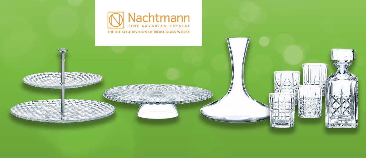 Logo: Nachtmann Fine Bavarian Crystal, The Life Style Division of Riedel Glass Works; Abbildung: Verschiedene Tischaccessoires von Nachtmann