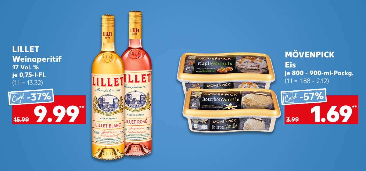 Lillet Weinaperitif, versch. Sorten, 17 Vol. %, je 0,75-l-Fl. für 9.99 Euro** (1 l = 13.32); Mövenpick Eis, versch. Sorten, je 800 - 900-ml-Packg. für 1.69 Euro** (1 l = 1.88 - 2.12)