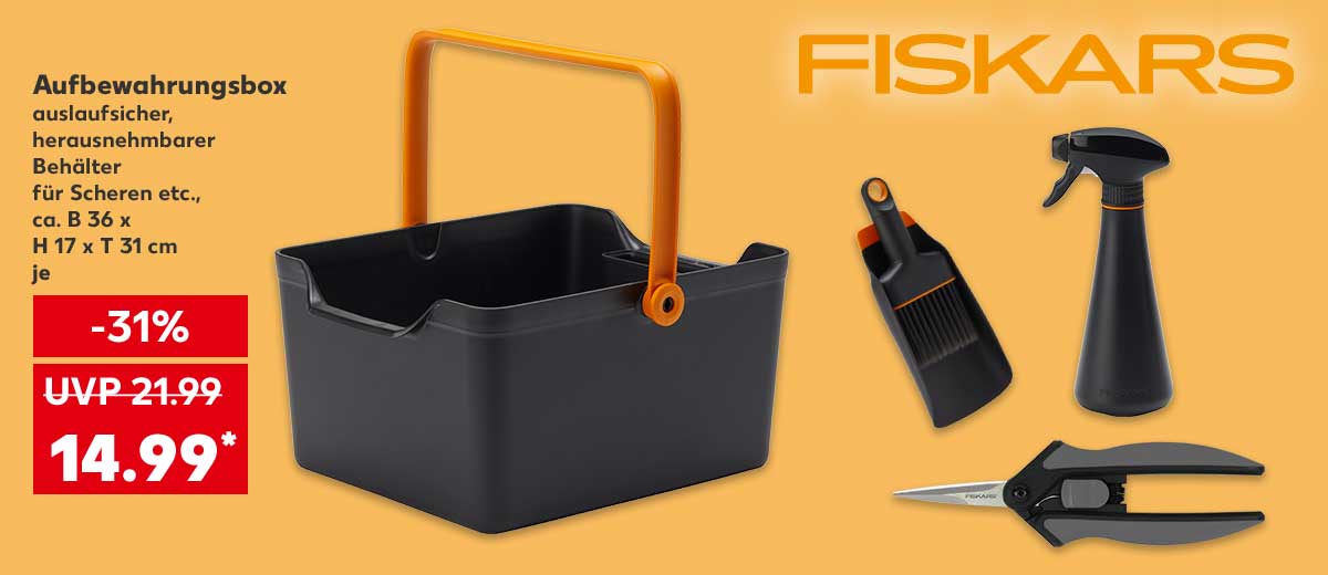 Logo: Fiskars; Fiskars Aufbewahrungsbox, auslaufsicher, herausnehmbarer Behälter für Scheren etc., ca. B 36 x H 17 x T 31 cm, je für 14.99 Euro* (UVP = 21.99 Euro); Weitere Produktabbildungen: Fiskars Pflanzschaufel mit Bürste, Fiskars Pflanzensprüher, Fiskars Gartenschere »Snip«