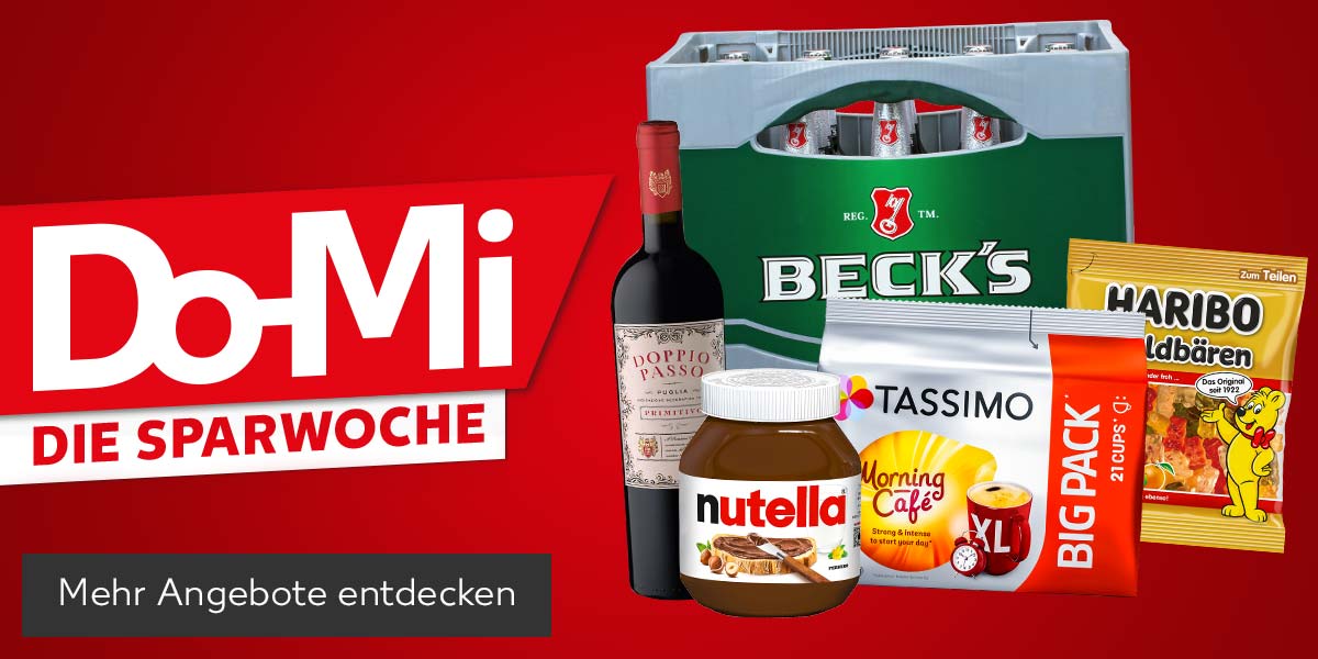 Schriftzug: Do-Mi, Die Sparwoche; Produktabbildungen: Doppio Passo Primitivo Igt oder Grillo Doc, Nutella, Jacobs Tassimo Kaffee-Kapseln, Haribo Fruchtgummis oder Lakritze, Beck's Pils oder Gold; Button: Mehr Angebote entdecken