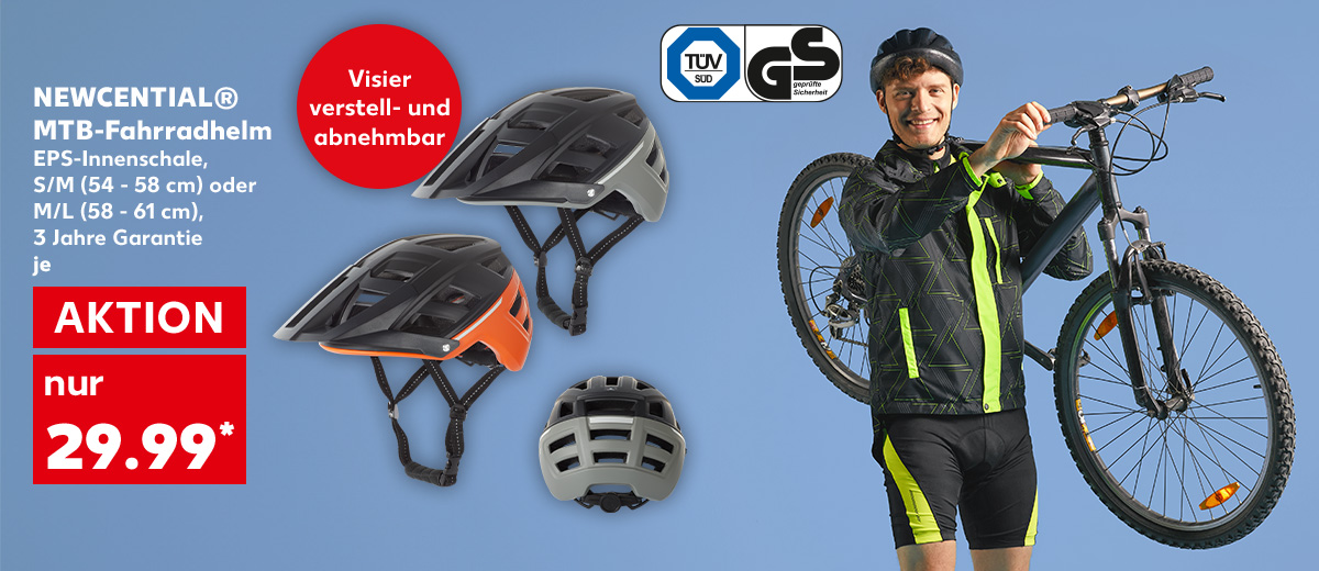 Newcential® MTB-Fahrradhelm, EPS-Innenschale, S/M (54 - 58 cm) oder M/L (58 - 61 cm), 3 Jahre Garantie, je für 29.99 Euro*; Logo: Tüv/Gs; Störer: Visier verstell- und abnehmbar; Abbildung: Ein Mann trägt ein Fahrrad auf der Schulter