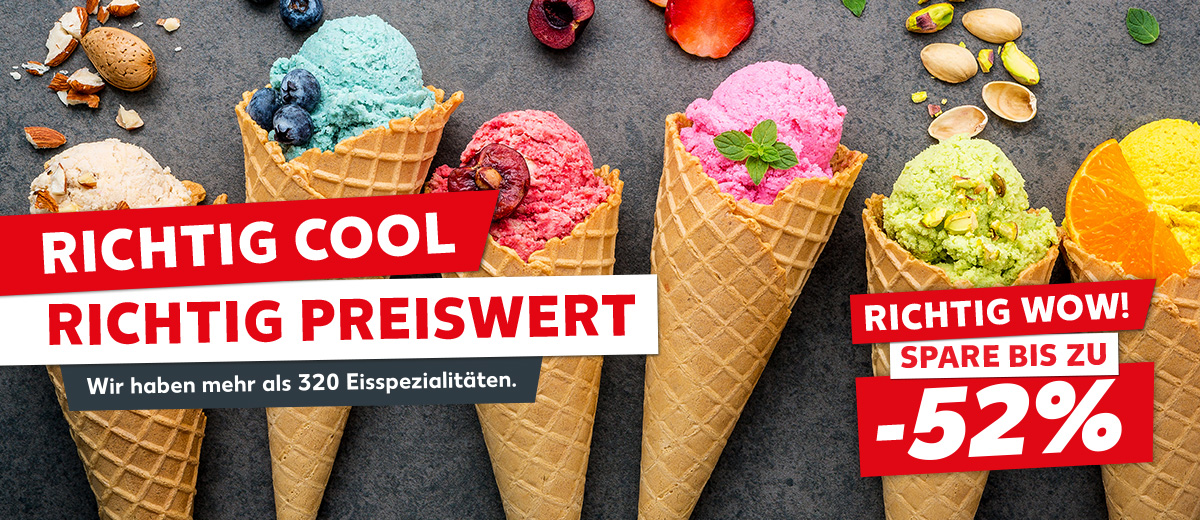 Schriftzug: Richtig cool, richtig preiswert, Wir haben mehr als 320 Eisspezialitäten.; Abbildung: Rezept für Eisburger vom Grill; Störer: Richtig wow! Spare bis zu -52%