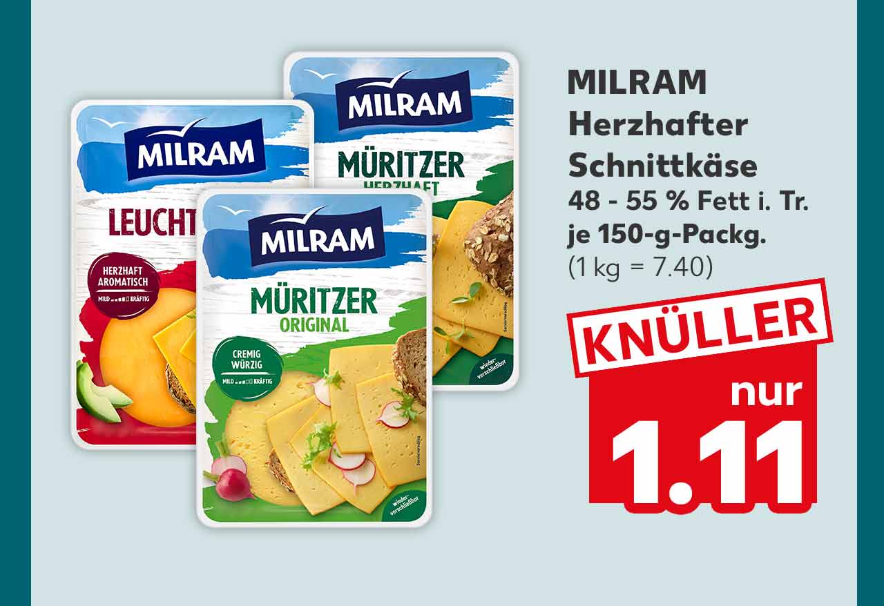 Milram Herzhafter Schnittkäse, versch. Sorten, 48 - 55 % Fett i. Tr., je 150-g-Packg. für 1.11 Euro (1 kg = 7.40)