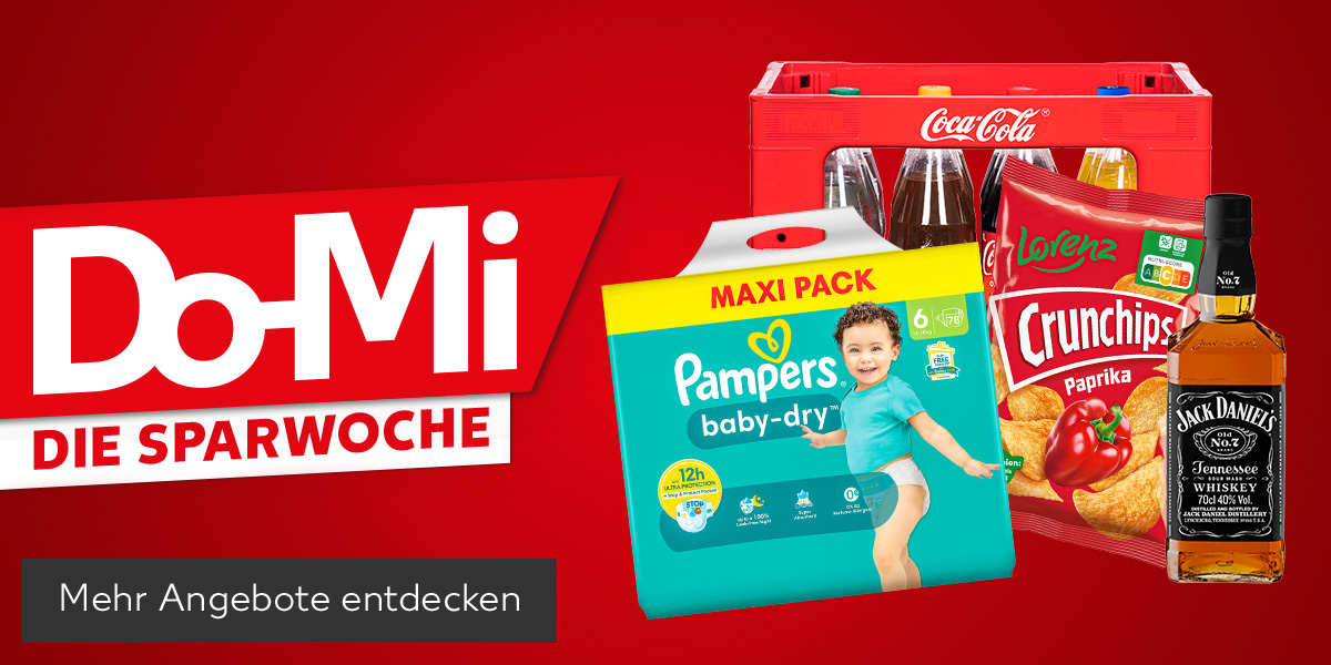 Schriftzug: Do-Mi, Die Sparwoche; Produktabbildungen: Pampers Maxi-Pack, Coca-Cola, Fanta, Sprite oder Mezzo Mix, Lorenz Crunchips, Jack Daniel's Tennessee-Whiskey; Button: Mehr Angebote entdecken