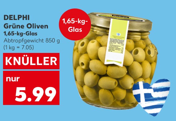 Abbildung: Griechenland Flagge in Herzform; Delphi Grüne Oliven, je 1,65-kg-Glas, Abtropfgewicht 850 g für 5.99 Euro (1 kg = 7.05), Störer: 1,65-kg-Glas