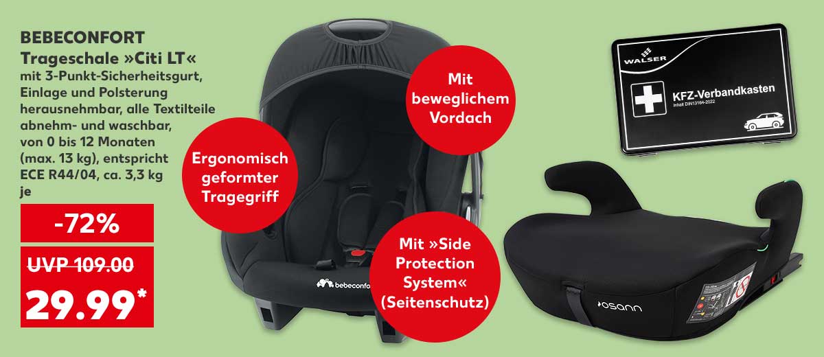 Bebeconfort Trageschale »Citi LT«, mit 3-Punkt-Sicherheitsgurt, Einlage und Polsterung herausnehmbar, alle Textilteile abnehm- und waschbar, von 0 bis 12 Monaten (max. 13 kg), entspricht Ece R44/04, ca. 3,3 kg, je für 29.99 Euro* (UVP = 109.00 Euro); Störer: Ergonomisch geformter Tragegriff; Störer: Mit beweglichem Vordach; Störer: Mit »Side Protection System« (Seitenschutz); Weitere Produktabbildungen: Osann Kindersitzerhöhung »Boost Isofix«, Walser Kfz-Verbandkasten