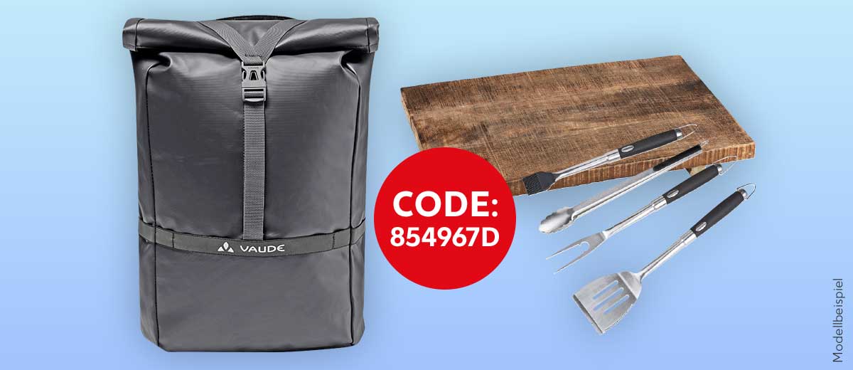 Grillbundle, Vaude Rolltop-Rucksack; Störer: Code: 854967D; Modellbeispiel