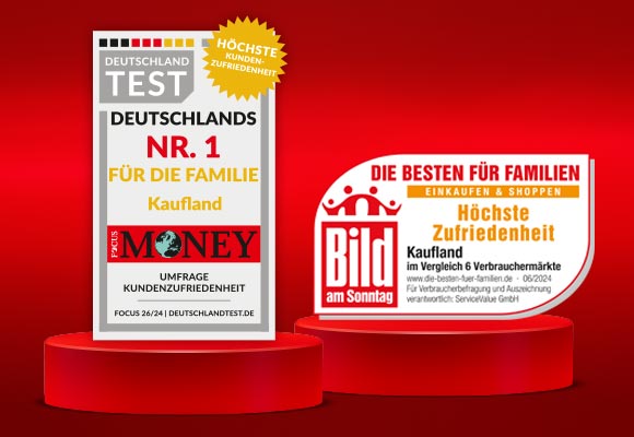 Auszeichnung: Deutschland Test, Höchste Kundenzufriedenheit, Deutschlands Nr. 1, Für die Familie, Kaufland, Focus Money, Umfrage Kundenzufriedenheit; Auszeichnung: Die Besten für Familien, Einkaufen & Shoppen, Höchste Zufriedenheit, Kaufland im Vergleich 6 Verbrauchermärkte, Bild am Sonntag