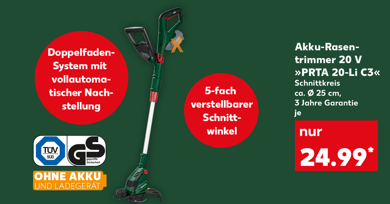 Akku-Rasentrimmer 20 V »PRTA 20-Li C3«, Schnittkreis ca. Ø 25 cm, 3 Jahre Garantie, je für 24.99 Euro*; Störer: Doppelfaden-System mit vollautomatischer Nachstellung, Störer: 5-fach verstellbarer Schnittwinkel; Logo: TÜV Süd GS; Logo: Ohne Akku und Ladegerät