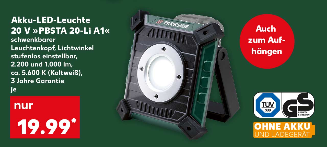 Akku-LED-Leuchte 20 V »PBSTA 20-Li A1«, schwenkbarer Leuchtenkopf, Lichtwinkel stufenlos einstellbar, 2.200 und 1.000 lm, ca. 5.600 K (Kaltweiß), 3 Jahre Garantie, je für 19.99 Euro*; Störer: Auch zum Aufhängen; Logo: TÜV Süd GS; Logo: Ohne Akku und Ladegerät