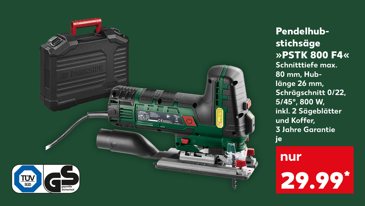 Pendelhubstichsäge »PSTK 800 F4«, Schnitttiefe max. 80 mm, Hublänge 26 mm, Schrägschnitt 0/22,5/45°, 800 W, inkl. 2 Sägeblätter und Koffer, 3 Jahre Garantie, je für 29.99 Euro*; Logo: TÜV Süd GS