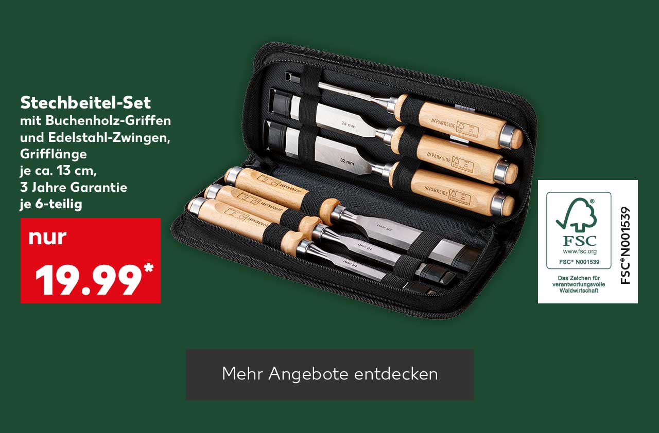 Stechbeitel-Set, mit Buchenholz-Griffen und Edelstahl-Zwingen, Grifflänge je ca. 13 cm, 3 Jahre Garantie, je 6-teilig für 19.99 Euro*; Logo: FSC; Button: Mehr Angebote entdecken