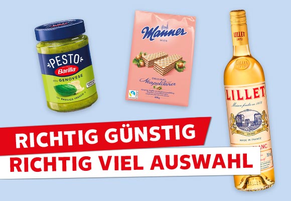 Schriftzug: Richtig günstig, richtig viel Auswahl; Produktabbildungen: Lillet Weinaperitif; Barilla Pesto, Manner Waffel-Schnitten