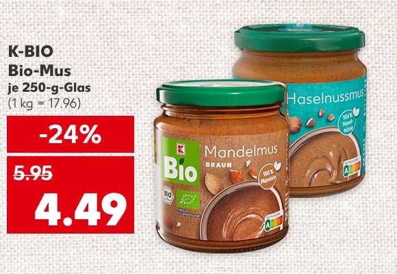 K-Bio Bio-Mus, versch. Sorten, je 250-g-Glas für 4.49 Euro (1 kg = 17.96)