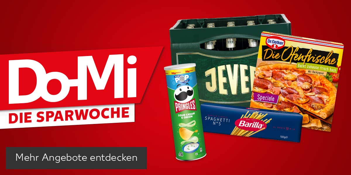 Schriftzug: Do-Mi, Die Sparwoche; Produktabbildungen: Barilla Classic Pasta, Dr. Oetker Die Ofenfrische oder Pizza Tradizionale, Pringles Chips, Jever Pilsener oder Fun Alkoholfrei; Button: Mehr Angebote entdecken
