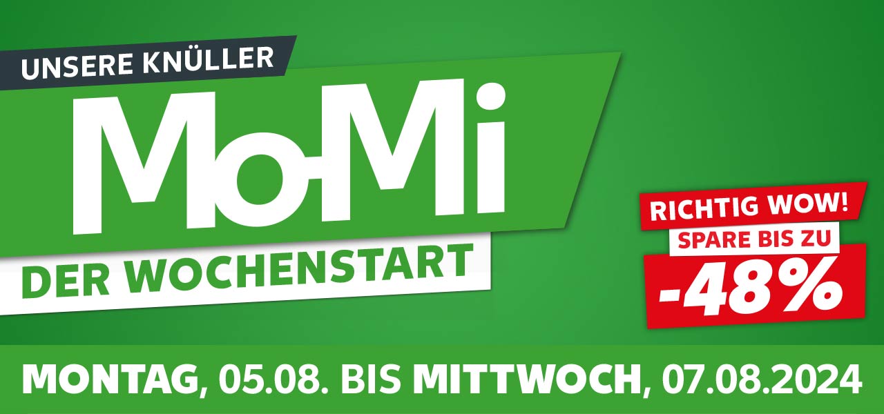 Schriftzug: Unsere Knüller, Mo-Mi, Der Wochenstart; Montag, 05.08. bis Mittwoch, 07.08.2024; Störer: Richtig Wow! Spare bis zu -48%