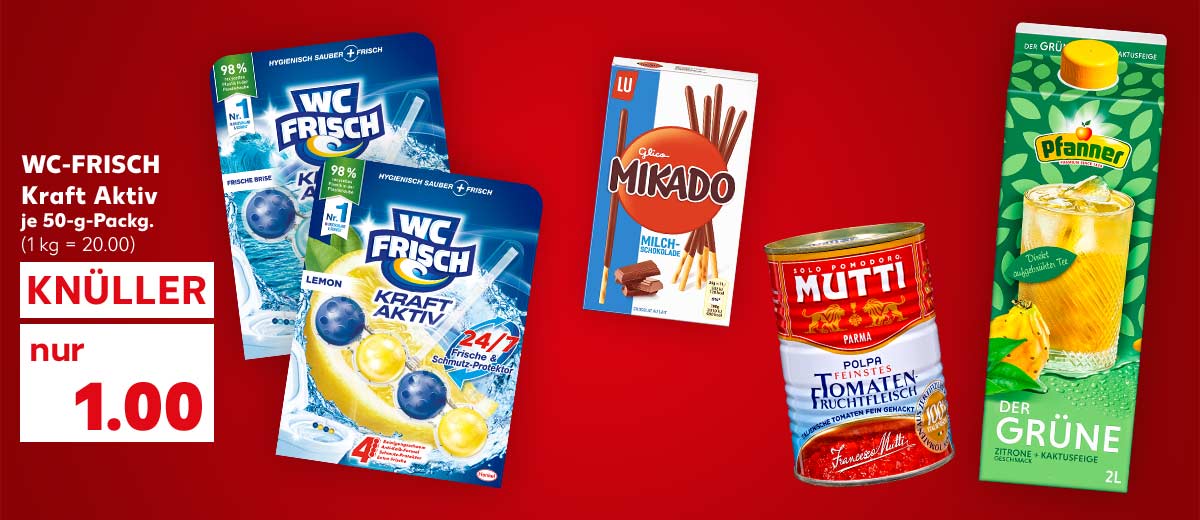 WC-Frisch Kraft Aktiv, versch. Sorten, je 50-g-Packg. für 1.00 Euro (1 kg = 20.00); Weitere Produktabbildungen: Pfanner Eistee, Mutti Polpa, Glico Mikado-Sticks
