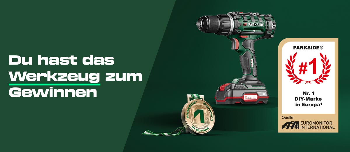 Schriftzug: Du hast das Werkzeug zum Gewinnen; Produktabbildung; Medaille; Auszeichung: Euromonitor International, Parkside #1, Nr. 1 DIY-Marke in Europa