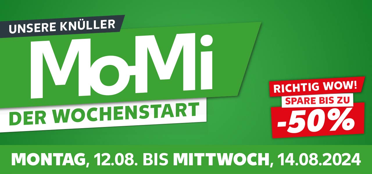 Schriftzug: Unsere Knüller, Mo-Mi, Der Wochenstart; Montag, 12.08. bis Mittwoch, 14.08.2024; Störer: Richtig Wow! Spare bis zu -50%