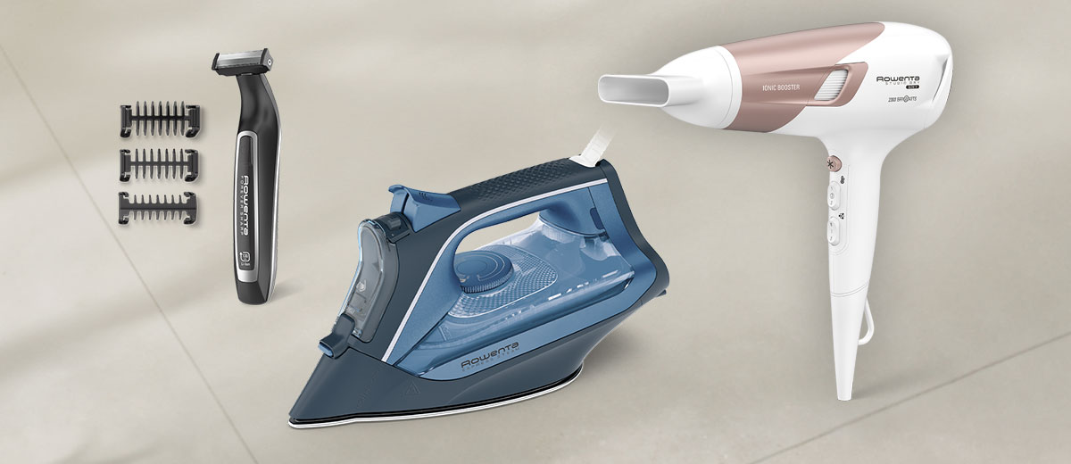 Abbildung: Rowenta Haartrockner »Studio Dry Glow«, Rowenta Barttrimmer »Forever Sharp«, Rowenta Dampfbügeleisen »Express Steam«