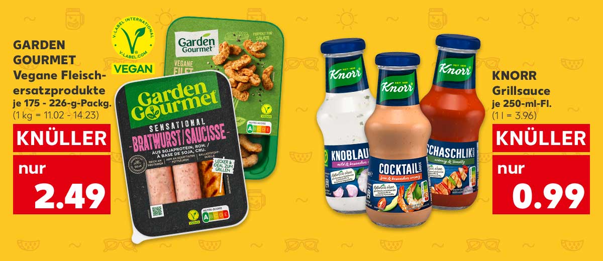 Garden Gourmet Vegane Fleischersatzprodukte, versch. Sorten, je 175 - 226-g-Packg. für 2.49 Euro (1 kg = 11.02 - 14.23); Logo: Vegan; Knorr Grillsauce, versch. Sorten, je 250-ml-Fl. für 0.99 Euro (1 l = 3.96)