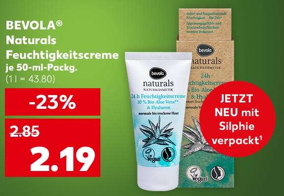 bevola® Naturals Feuchtigskeitscreme, je 50-ml-Packg. für 2.19 Euro (1 l = 43.80); Störer: Jetzt neu mit Silphie verpackt¹