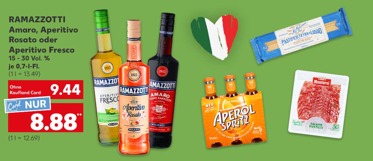 Ramazzotti Amaro, Aperitivo Rosato oder Aperitivo Fresco, 15 - 30 Vol. %, je 0,7-l-Fl. für 9.44 Euro (1 l = 13.49); Kaufland Card Preis: 8.88 Euro** (1 l = 12.69); Weitere Produktabbildungen: La Molisana Pasta, Aperol Spritz, Montorsi Pancetta oder Salami