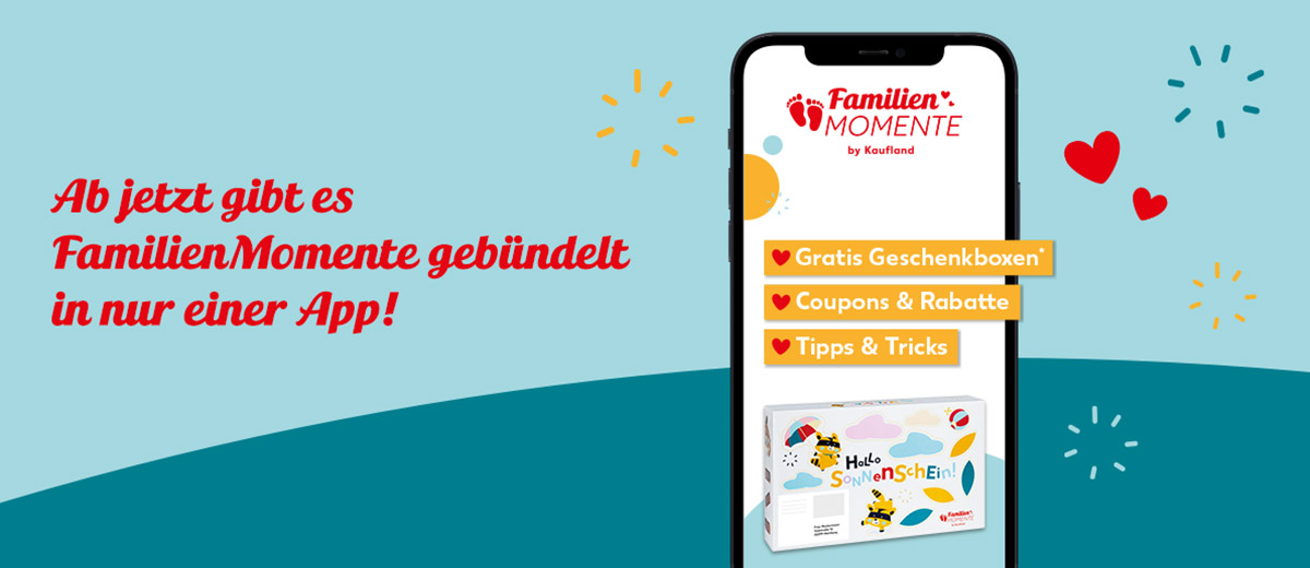 Schriftzug: Ab jetzt gibt es FamilienMomente gebündelt in nur einer App!; Abbildung: Smartphone mit FamilienMomente App mit einer Geschenkbox; Störer: Gratis Geschenkboxenᵃ, Coupons & Rabatte, Tipps & Tricks