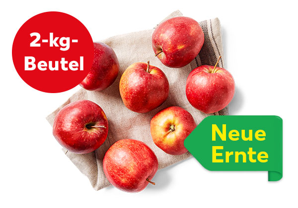 Ital. Tafeläpfel; Störer: 2-kg-Beutel; Störer: Neue Ernte