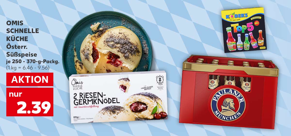 Omis Schnelle Küche Österr. Süßspeise, versch. Sorten, je 250 - 370-g-Packg. für 2.39 Euro (1 kg = 6.46 - 9.56); Weitere Produktabbildungen: Paulaner Oktoberfest-Bier, Kober's Liköre