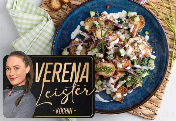 Rezept: Knuspriger Brezelsalat; Abbildung und Schriftzug: Verena Leister - Köchin -
