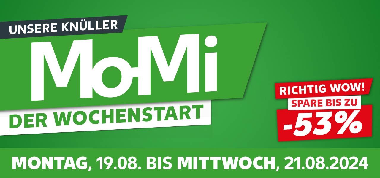 Schriftzug: Unsere Knüller, Mo-Mi, Der Wochenstart; Montag, 19.08. bis Mittwoch, 21.08.2024; Störer: Richtig Wow! Spare bis zu -53%