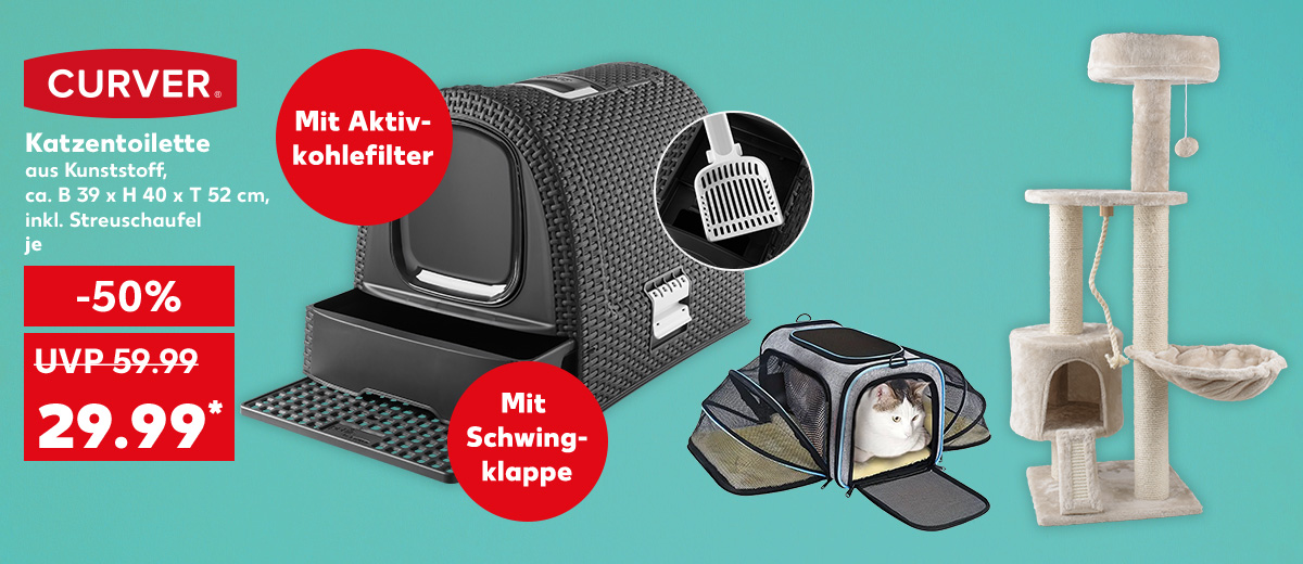 Logo: Curver; Curver Katzentoilette, aus Kunststoff, ca. B 39 x H 40 x T 52 cm, inkl. Streuschaufel, je für 29.99 Euro* (UVP = 59.99 Euro); Störer: Mit Aktivkohlefilter; Störer: Mit Schwingklappe; Weitere Produktabbildungen: Haustier-Reisetasche, K-Carinura Kratzbaum